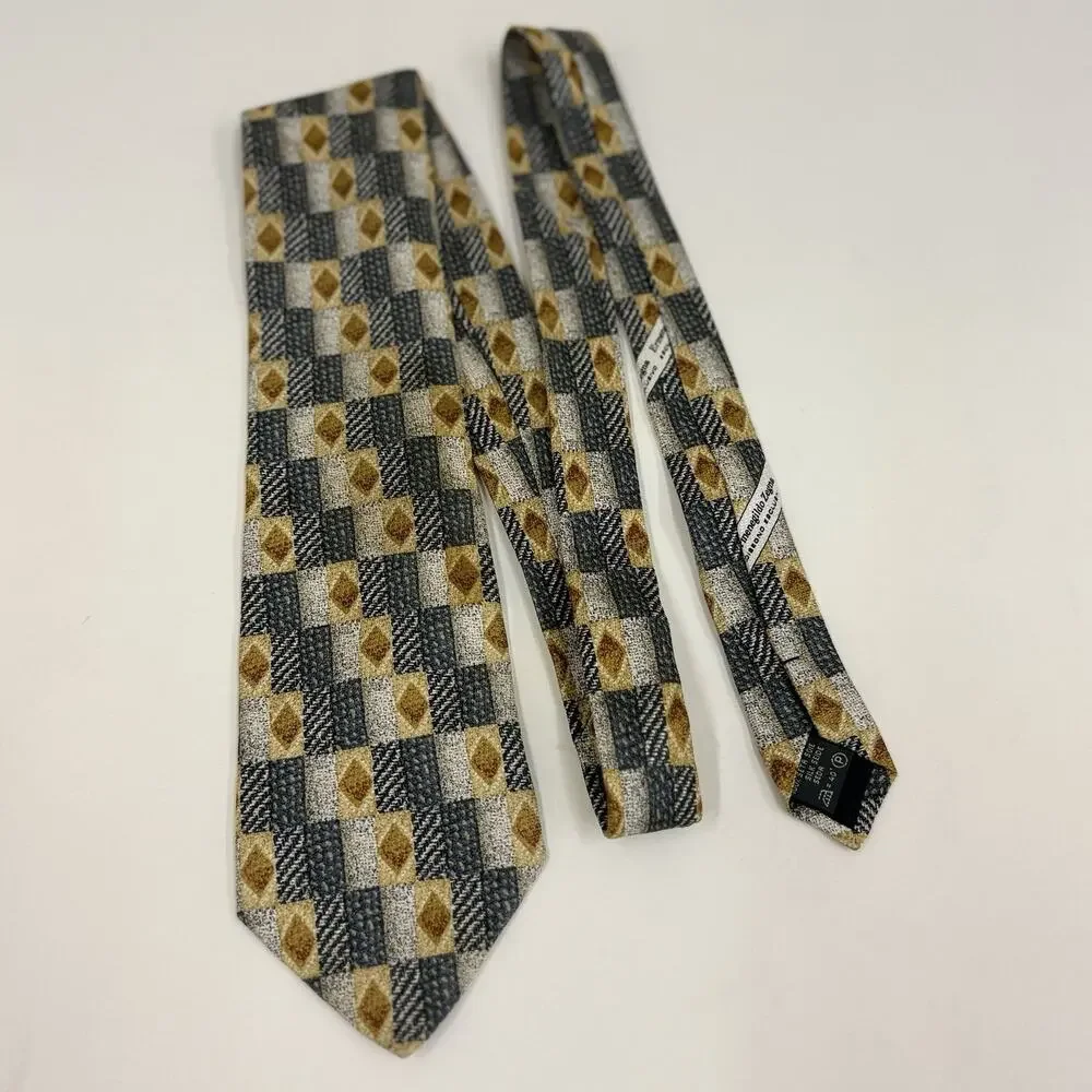 Ermenegildo Zegna Gray Gold Geometric Check Silk Tie Made in Italy Disegno